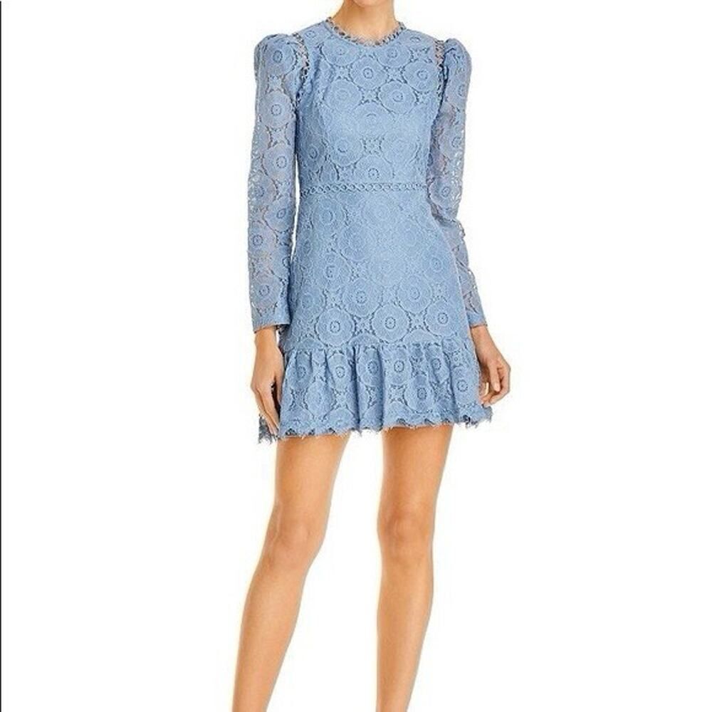 NWT Aqua Blue Lace Mini Dress Small Puff Sleeve Cotton Blend